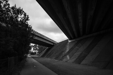 Black and white bridge underpass