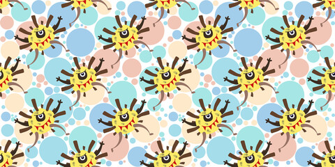 Seamless pattern of Cute cartoon germ in flat style design isolated on Colorful Random Scale Circles background. Bacteriology concept design. Vector illustration EPS10.