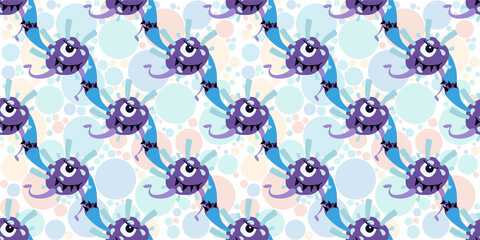 Seamless pattern of Cute cartoon germ in flat style design isolated on Colorful Random Scale Circles background. Bacteriology concept design. Vector illustration EPS10.