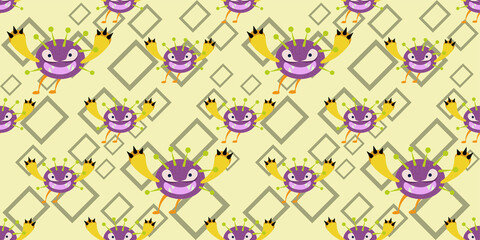 Seamless pattern of Cute cartoon germ in flat style design isolated on rectangle stroke background. Bacteriology concept design. Cartoon microbes. Vector illustration eps10.