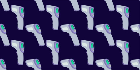 Seamless pattern of infrared laser thermometer isolated on dark blue background. Flat design, vector illustration EPS10.