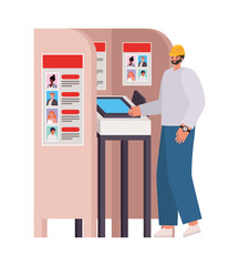 man with black hair and safety helmet in a voting booth