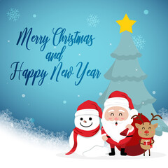Fototapeta na wymiar Character Cartoon Cute Christmas Day , Merry christmas happy new year festival , santa claus and snow man and cute reindeer hold gift box, christmas tree snowflake copy space for text invitation card