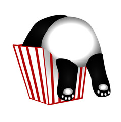 cartoon baby panda entering a giant popcorn box