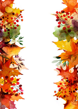 Thanksgiving card. Frame of autumn leaves. Watercolor hand-painted illustrations. Isolated on a white background. For web, greeting card, Halloween invitation, thanksgiving, design, wallpaper, textile