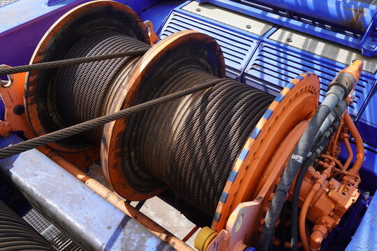 Wire rope sling or cable sling on crane reel drum or winch roll of crane the lifting machine in heavy industrial.