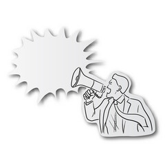 black line hand drawn of businessman shouting on megaphone on cut paper with shadow isolated on white background