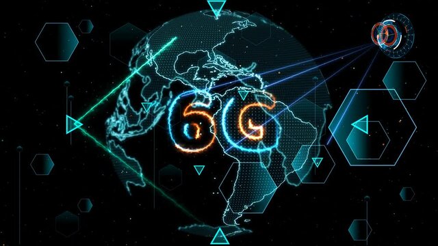 6G network super speed Internet digital world map in monitor digital meter cycle radar 3D electronic meter inside sent data by quantum satellite send signal and star brust background