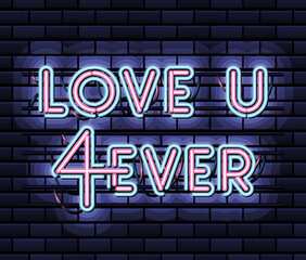 love u 4ever lettering in neon font of pink and blue color on dark blue background