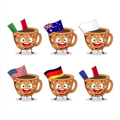 Coffee cookies cartoon character bring the flags of various countries
