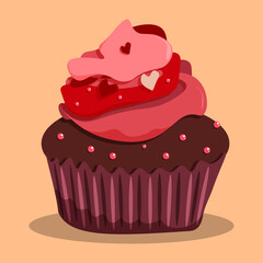 delicious chocolate cupcake with pink cream and hearts on top. Confectionery. Dessert for festive tea party. Vector