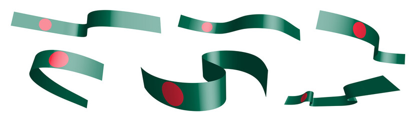 Set of holiday ribbons. Flag of republic of Bangladesh waving in wind. Separation into lower and upper layers. Design element. Vector on white background