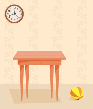 indoor wooden table and baby ball on the floor in room. Retro style apartment with old furniture. Mock up, template for retro design. Vector