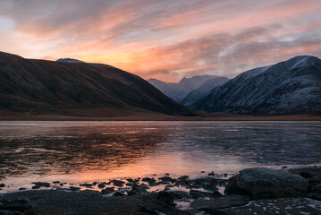 mountains lake dawn ice clouds sky autumn