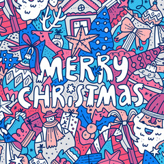 Merry Christmas phrase with doodle festive illustrations
