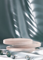 Marble podium on blue silk background with floral shadows. Empty showcase for cosmetic product presentation, promotion sale.copy space White marble pedestal backdrop.