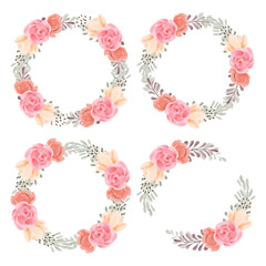 Watercolor hand painted rose floral circle frame wreath set