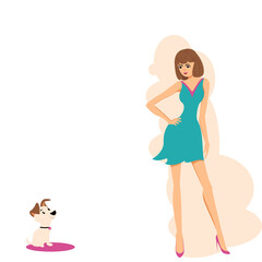 Cartoon beautiful,sweet,short hair  woman wearing light blue dress,pink high heels is standing with small cute dog. Slender young girl ,brown hair with pet on white background. Vector isolate flat.