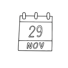 calendar hand drawn in doodle style. November 29. Day, date. icon, sticker, element, design. planning, business holiday