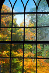 A church window gives a glorious view of autumn colors
