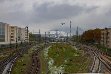 Fototapeta na wymiar Freiburg im Breisgau/Germany - 10 28 2012: Freiburg Hauptbahnhof, railway in a clody autumn day