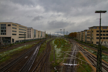 Fototapeta premium Freiburg im Breisgau/Germany - 10 28 2012: Freiburg Hauptbahnhof, railway in a clody autumn day