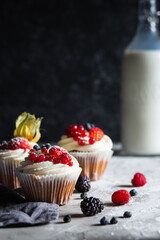 Homemade muffin next to a bottle of milk on a table and on a dark background with fresh berries around