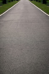 Fototapeta premium Abstract photograph of an empty straight symmetrical road surrounded by green grass