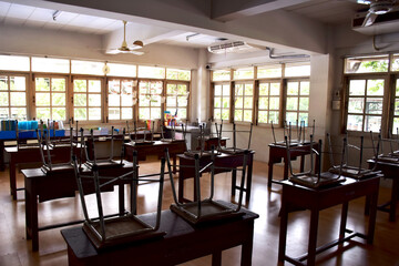 Classroom with wooden study table