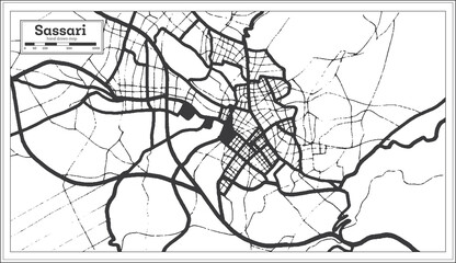 Sassari Italy City Map in Black and White Color in Retro Style. Outline Map.