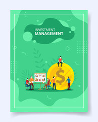 Investment management people meeting sitting on money dollar for template of banners, flyer, books cover, magazines with liquid shape style