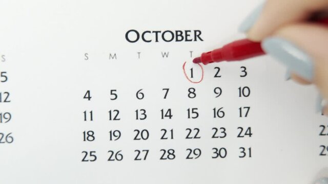 Female hand circle day in calendar date with a red marker. Business Basics Wall Calendar Planner and Organizer. October 1th
