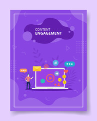 Content engagement man showing video feedback message chat email laptop for template of banners, flyer, books cover, magazines with liquid shape style