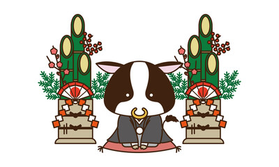 年賀状に使える座布団に座った可愛い牛と門松のイラスト