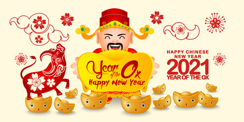 Happy Chinese new year 2021, little ox and chinese gold ingots, the year of the ox zodiac, Chinese God of Wealth and Ox