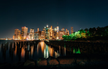 New York City usa United States buildings skyline  nigh reflections  