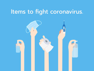 Daily coronavirus outbreak protection equipment or items to use for protect your health.