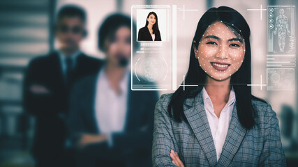 Facial recognition technology scan and detect people face for identification . Future concept interface showing digital biometric security system that analyze human face to verify personal data .