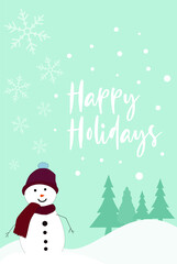 Fototapeta na wymiar Winter Greeting with snowman Happy Holidays Background. Seasonal concept banner