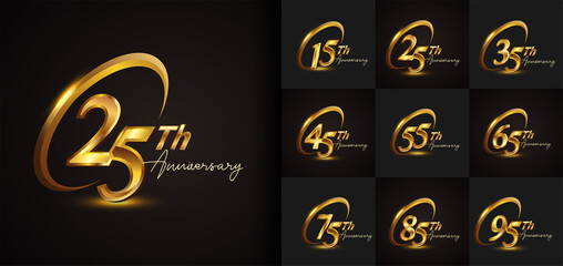 Set of anniversary logotype design with golden ring and handwriting golden color for celebration event, wedding, greeting card, and invitation. Vector illustration.