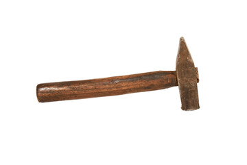 Rusty old wooden hammer isolated on a white background