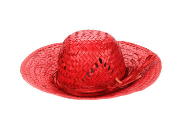 Isolated shot of a red straw hat on white background