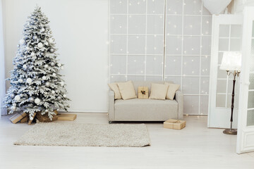 White snowy Christmas tree decor home New Year postcard