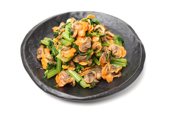  Spicy cockle salad with fresh vegetable on dish on white background