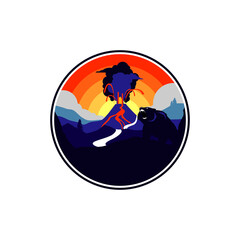 vintage retro volcano eruption dangerous adventure path vector illustration