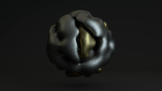 ZD animation of an abstract fantastic object made of liquid metals, gold and silver, chrome and platinum. The body is constantly changing shape and structure. Animation loop, continuous playback.