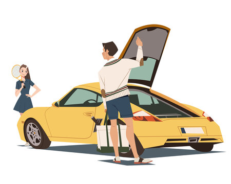 Couple unloading their stuff from car trunk