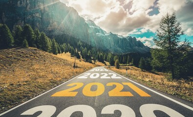 2021 New Year road trip travel and future vision concept . Nature landscape with highway road...