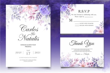 Naklejka na ściany i meble Watercolor wedding invitation floral and leaves card template