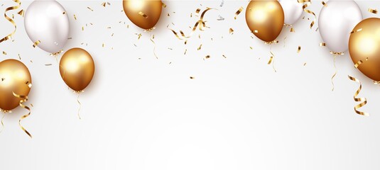 Celebration banner with gold confetti and balloons - obrazy, fototapety, plakaty